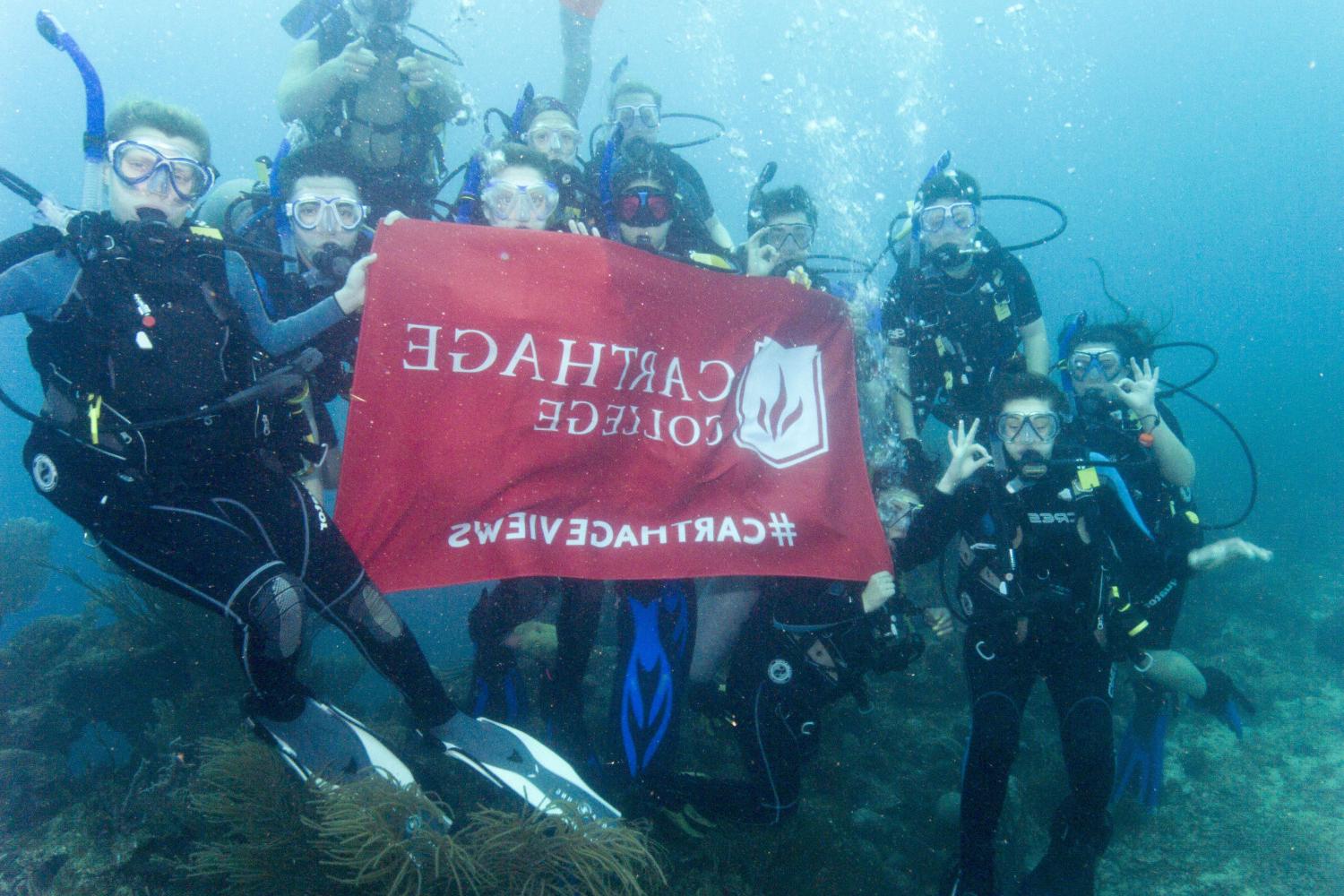 学生们手持<a href='http://bd7h.sxxledu.com'>bv伟德ios下载</a>旗帜，在j学期洪都拉斯游学之旅中潜水.